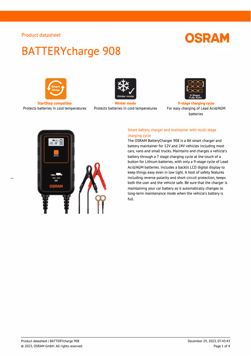 Page 1 de la notice Fiche technique Osram BATTERYcharge 908
