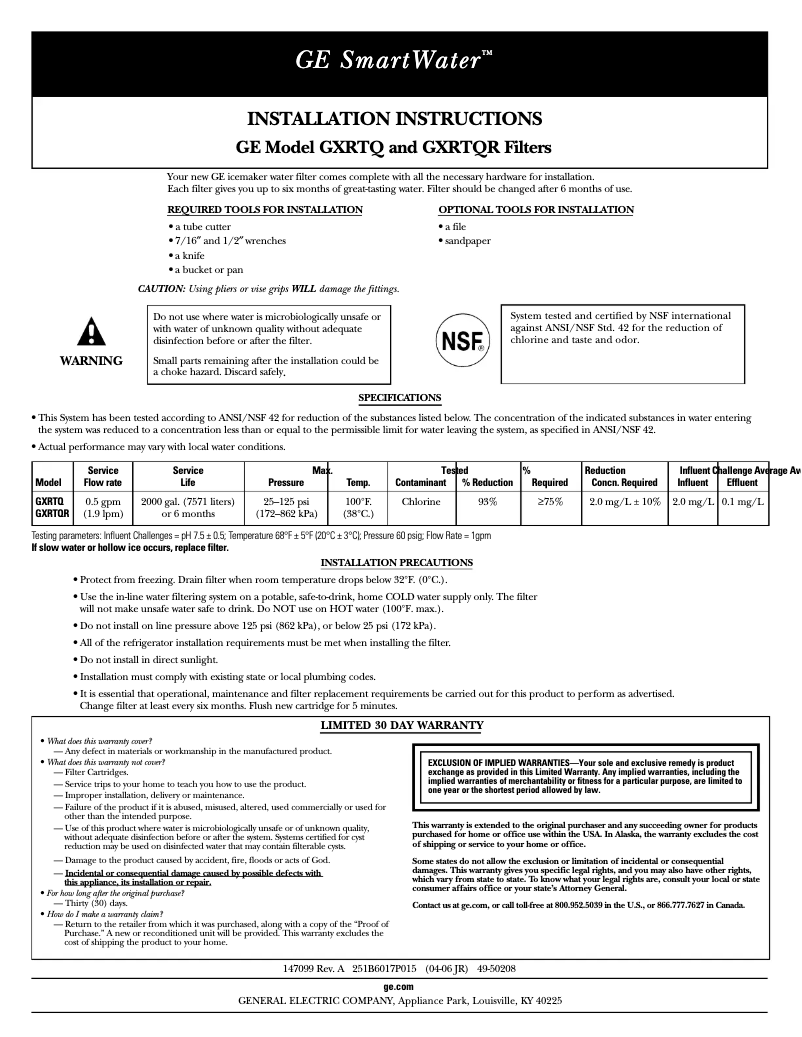 Page 1 de la notice Guide d'installation GE GXRTQ
