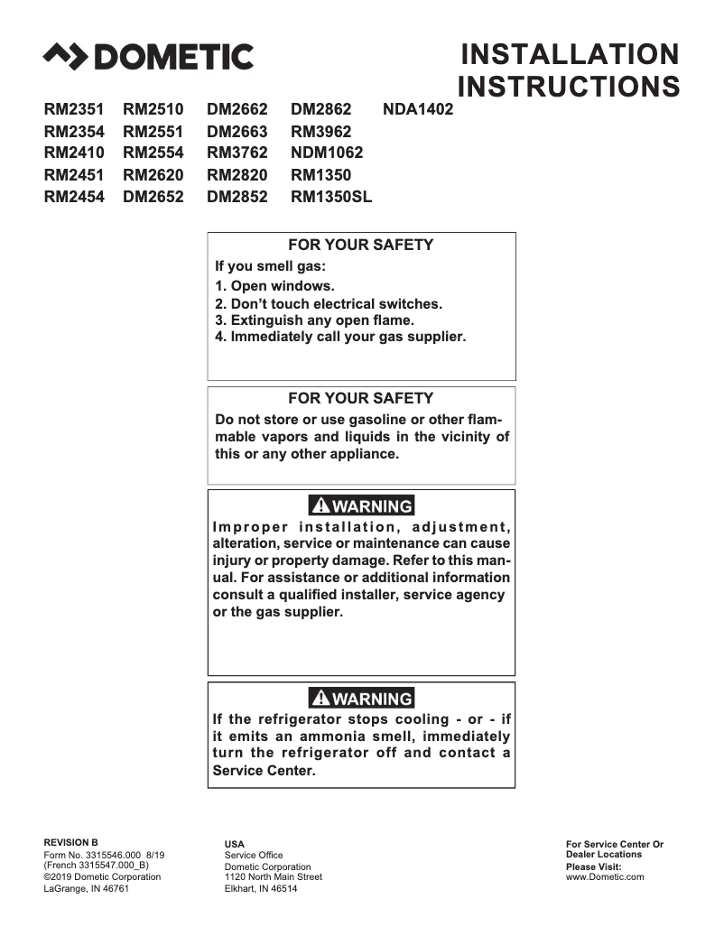 Page 1 de la notice Guide d'installation Dometic RM 1350