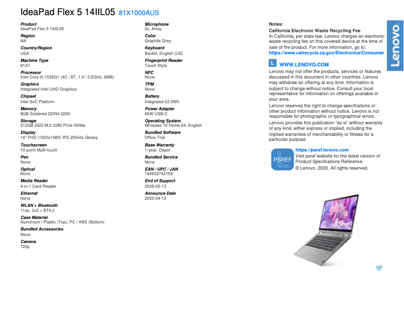 Image de la première page du manuel de l'appareil IdeaPad Flex 5