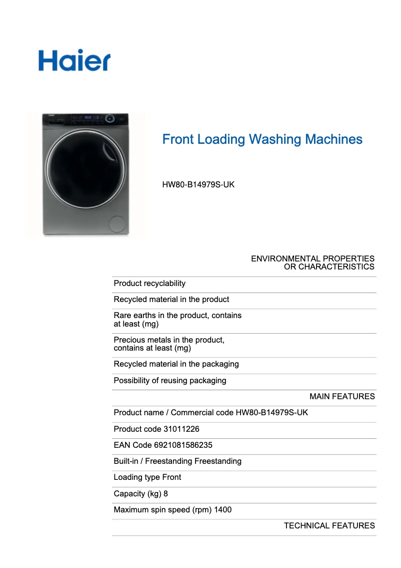 Page 1 de la notice Label énergétique Haier HW80-B14979S