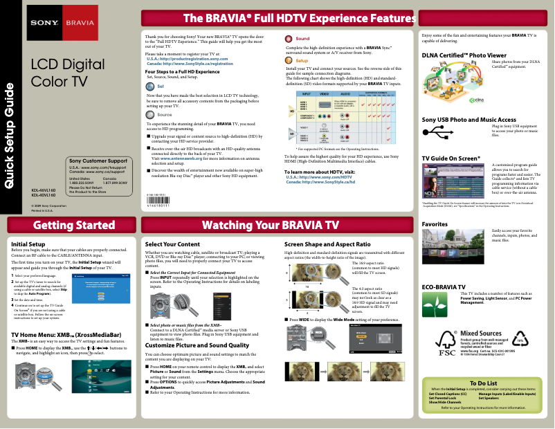 Page 1 de la notice Guide d'installation Sony Bravia KDL-46VL160
