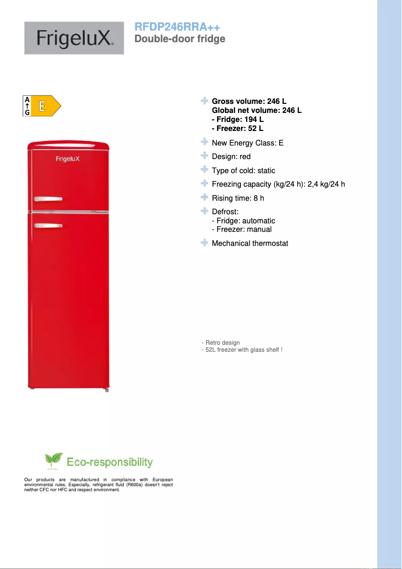 Page 1 de la notice Fiche technique FrigeluX RFDP246RRA++