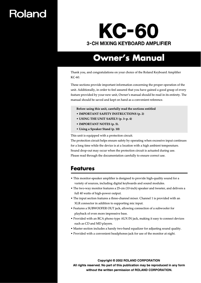 Page 1 de la notice Manuel utilisateur Roland KC-60