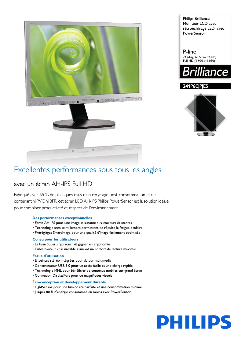 Page 1 de la notice Fiche technique Philips Brilliance 241P6QPJES