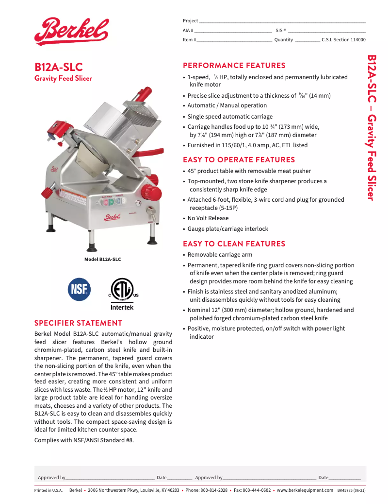 Page n°1 - Fiche technique Berkel B12A-SLC