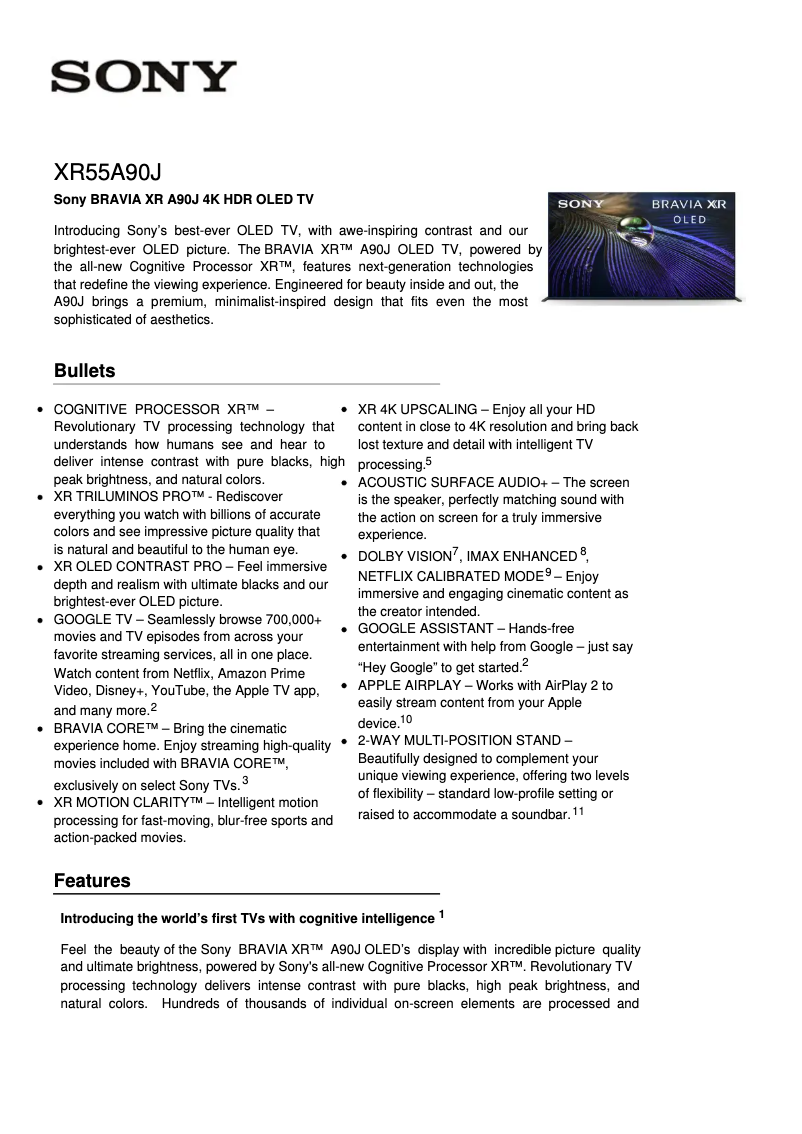 Page 1 de la notice Fiche technique Sony Bravia XR-55A90J