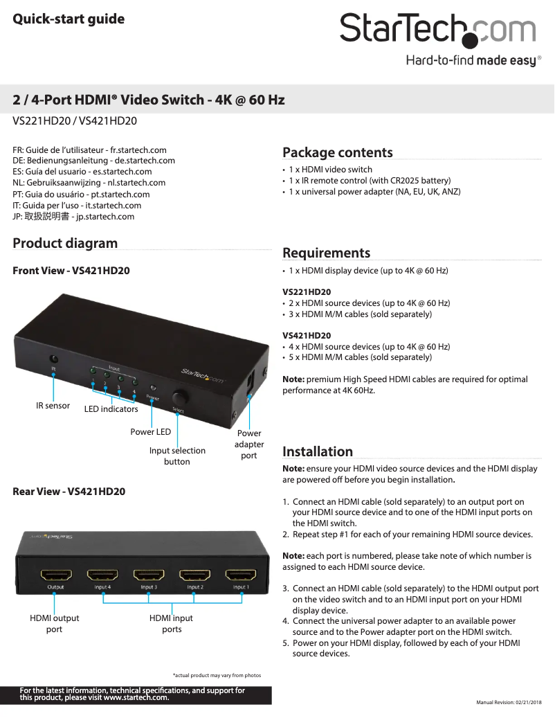 Page 1 de la notice Manuel utilisateur StarTech.com VS221HD20