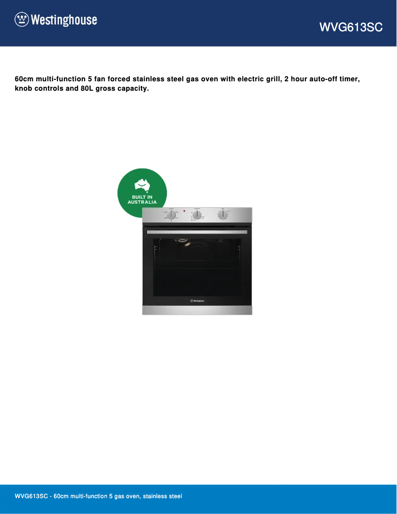 Page 1 of the manual Technical Sheet Westinghouse WVG613SC