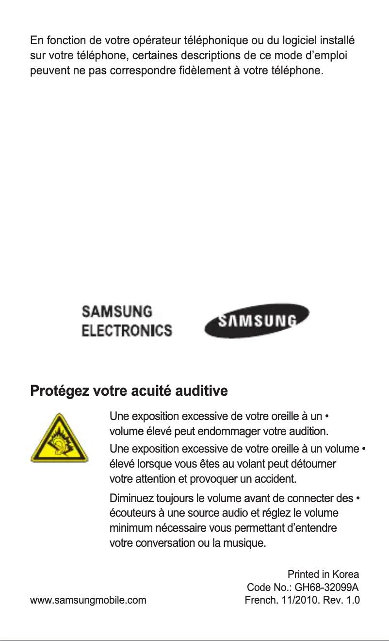 Page 1 de la notice Manuel utilisateur Samsung GT-C3530