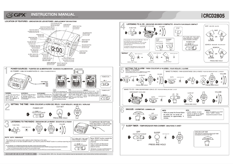 Page 1 de la notice Manuel utilisateur GPX CRCD2805