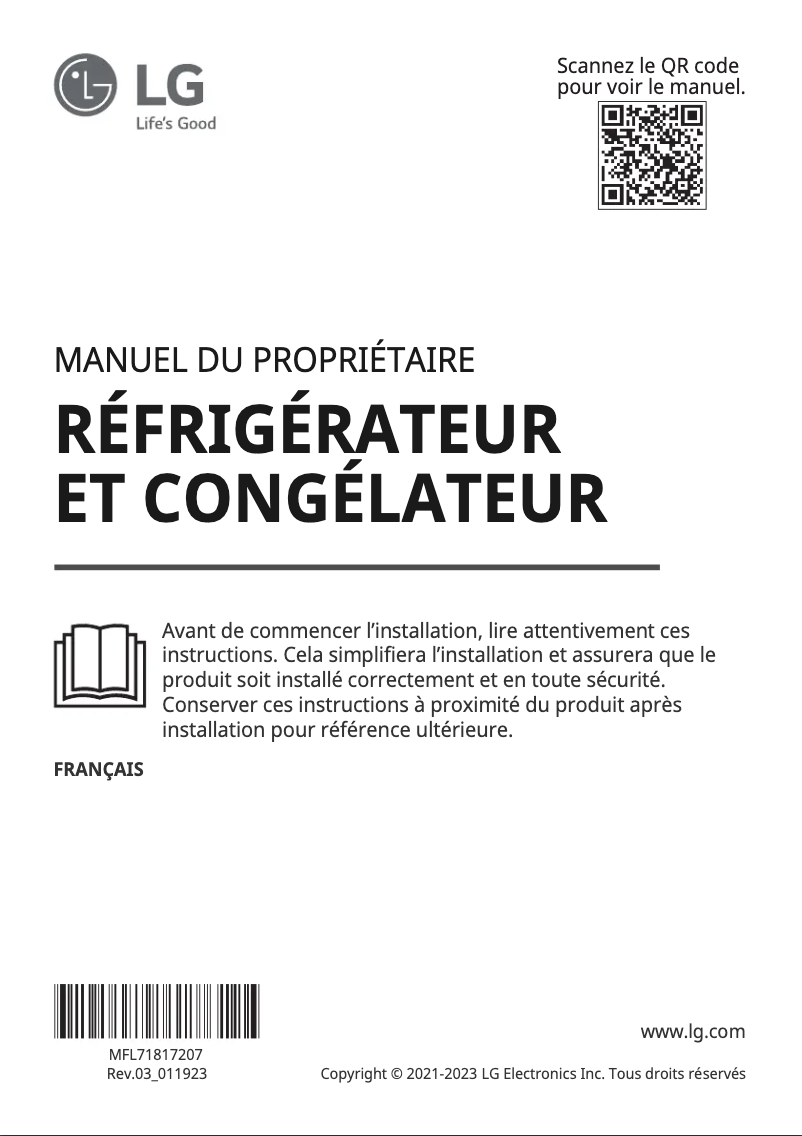 Page 1 de la notice Manuel utilisateur LG GN-B392PXGB