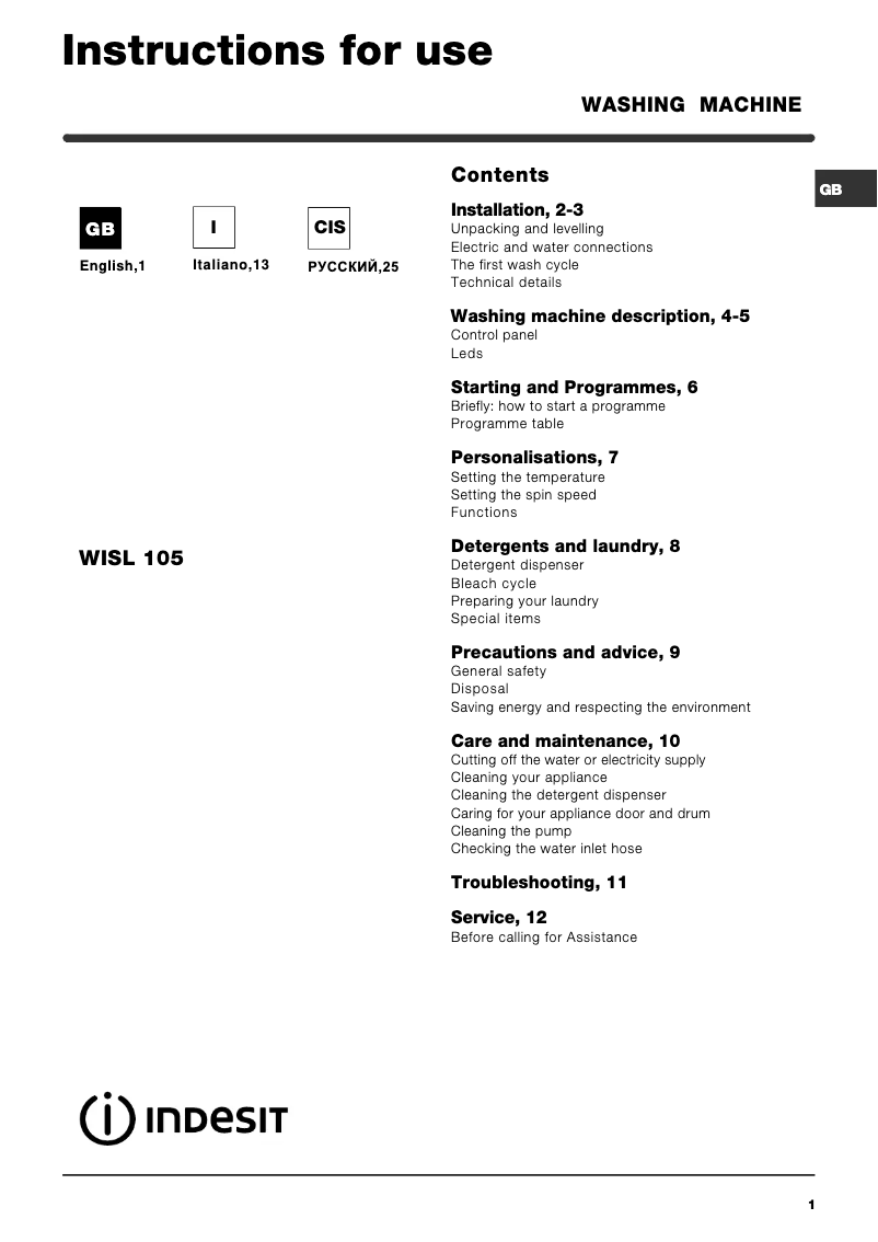 Page 1 de la notice Manuel utilisateur Indesit WISL 105 (EU).1