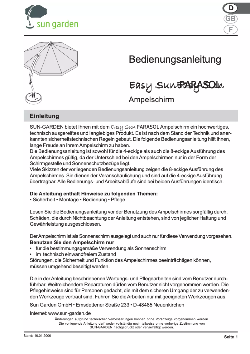 Image de la première page du manuel de l'appareil Easy Parasol