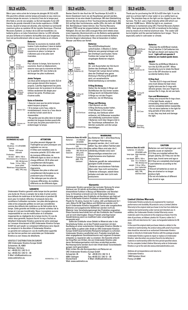 Page 1 de la notice Manuel utilisateur Underwater Kinetics SL3 eLED