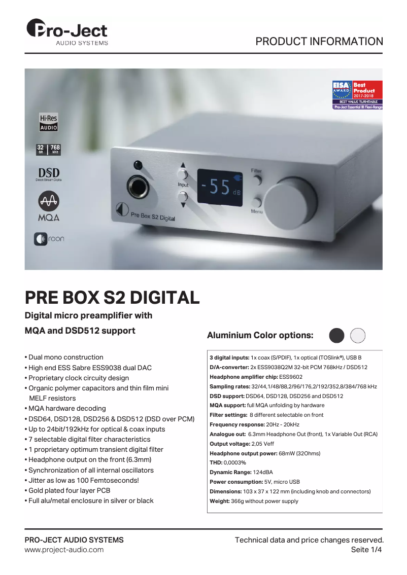 Page n°1 - Manuel utilisateur Pro-Ject Pre Box S2 Digital
