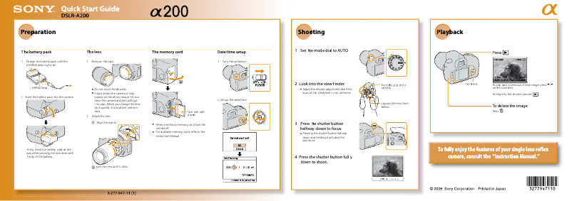 Page 1 de la notice Guide d'installation Sony Alpha DSLR-A200K
