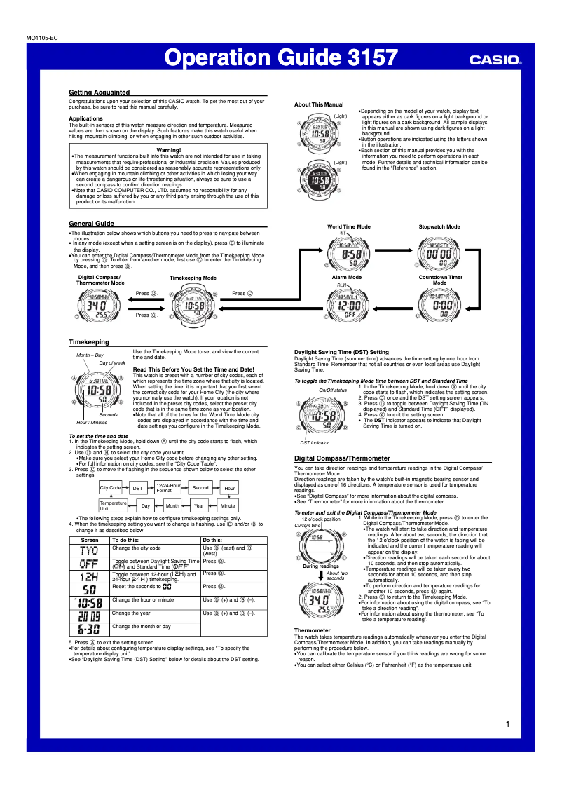 Page 1 de la notice Manuel utilisateur Casio Twin Sensor SGW100-1V