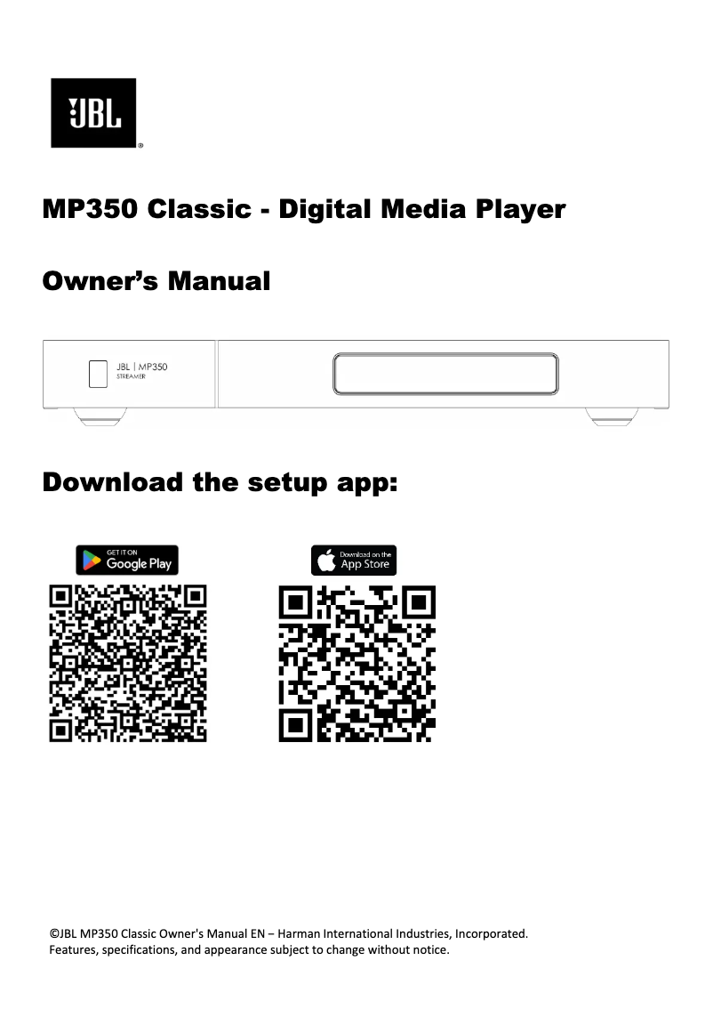 Page n°1 - Manuel utilisateur JBL MP350 Classic