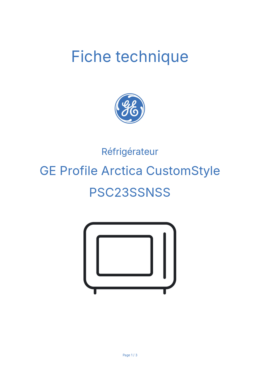 Page n°1 - Fiche technique GE Profile Arctica CustomStyle PSC23SSNSS