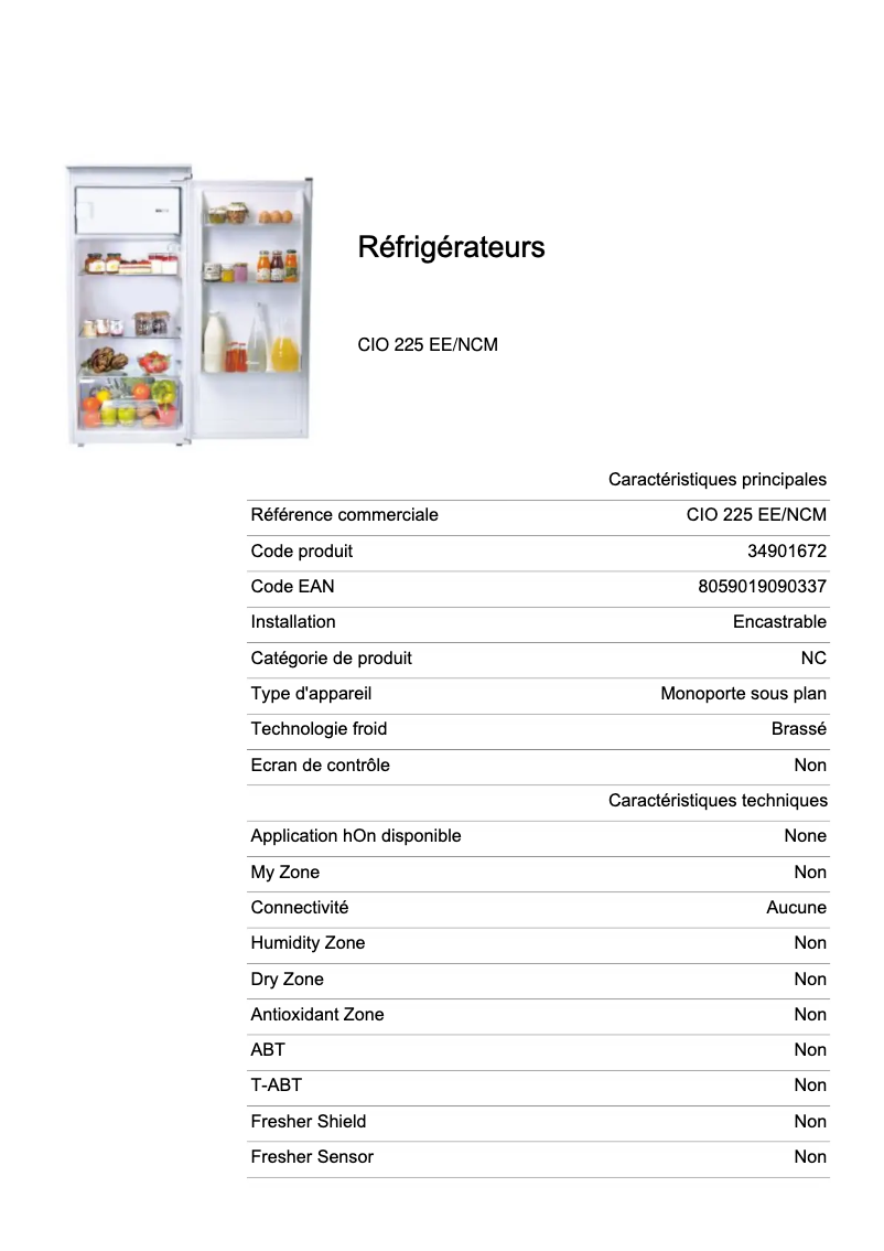 Page 1 de la notice Fiche technique Candy CIO 225 EE/NCM