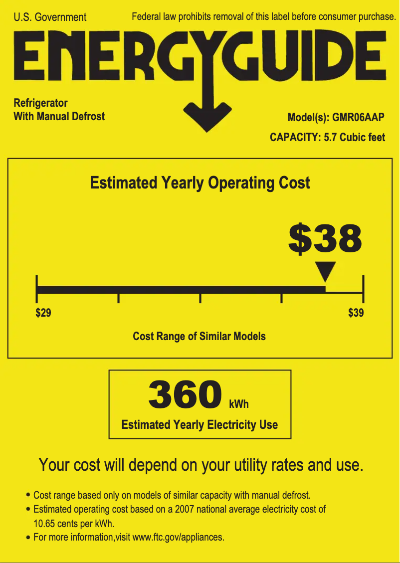 Page n°1 - Label énergétique GE Spacemaker GMR06AAPWW