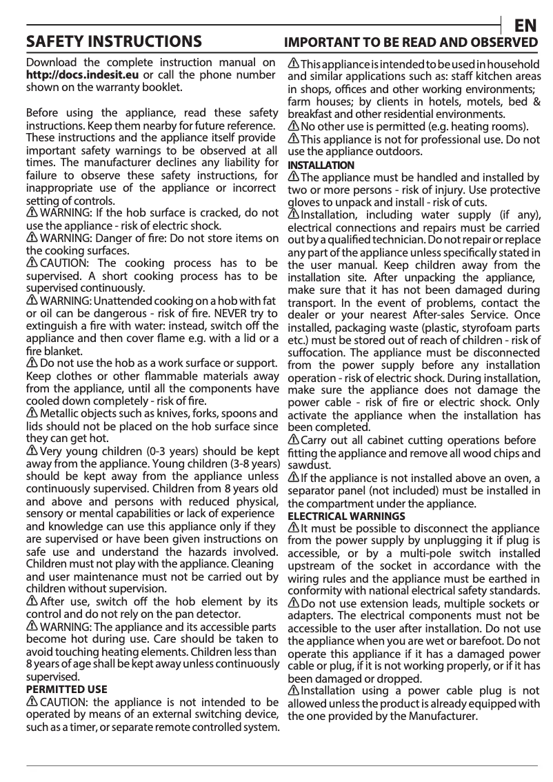 Page 1 de la notice Instructions / montage Indesit IB 21B77 NE