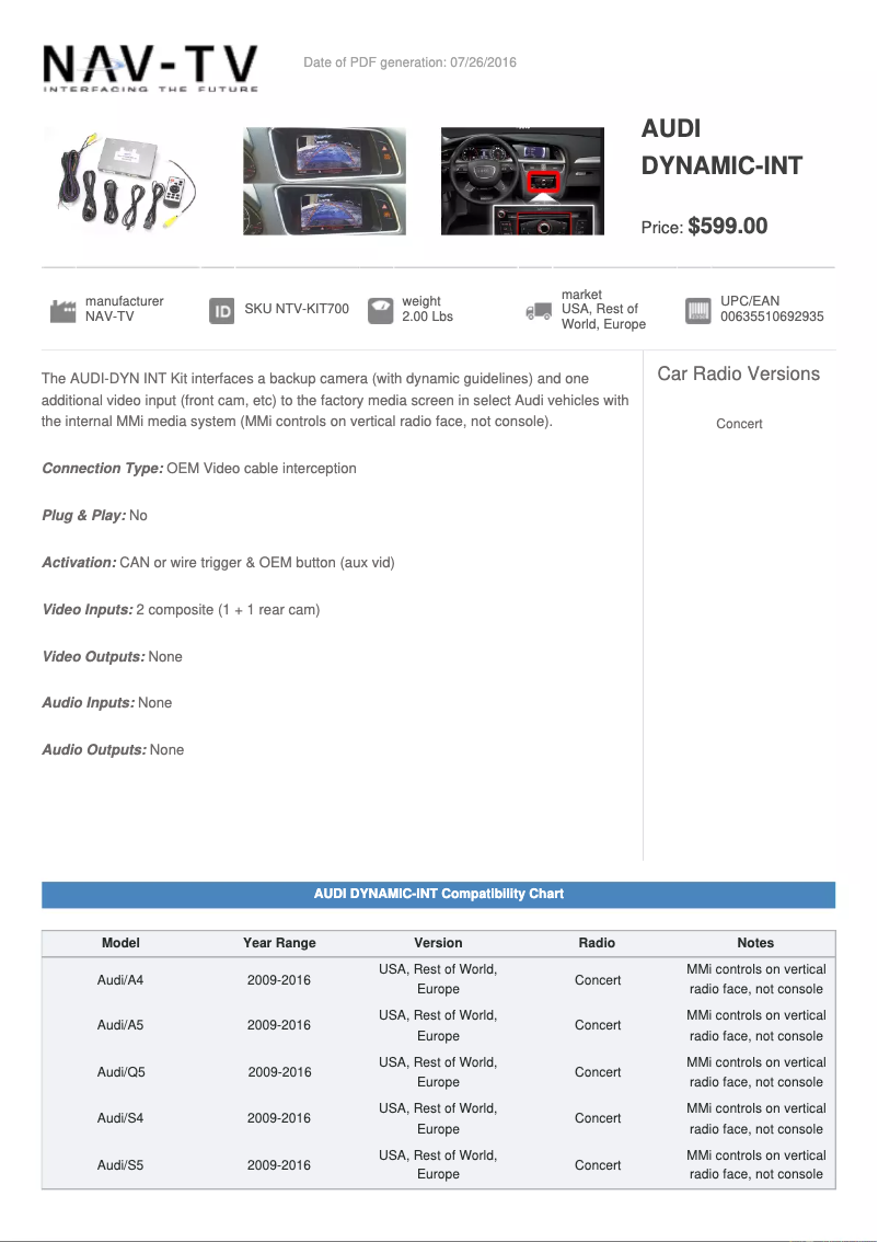 Page n°1 - Fiche technique NAV-TV NTV-KIT700