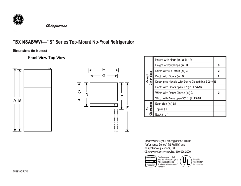 Page n°1 - Fiche technique GE TBX14SABLWW