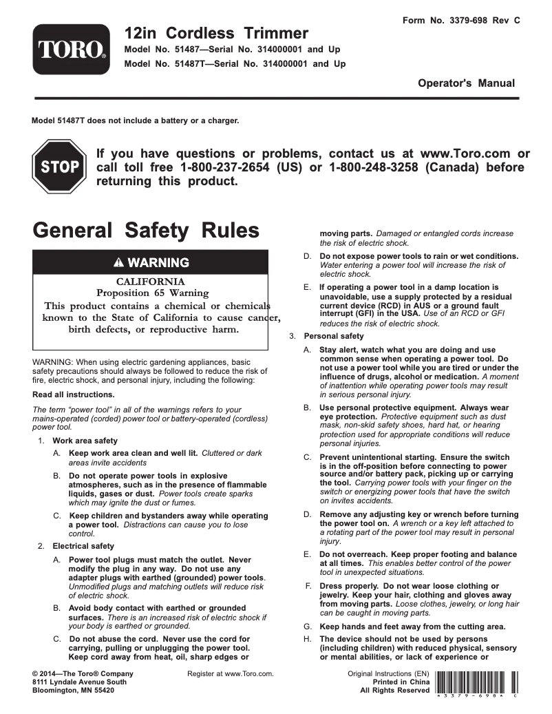 Page 1 de la notice Manuel utilisateur Toro 51487T