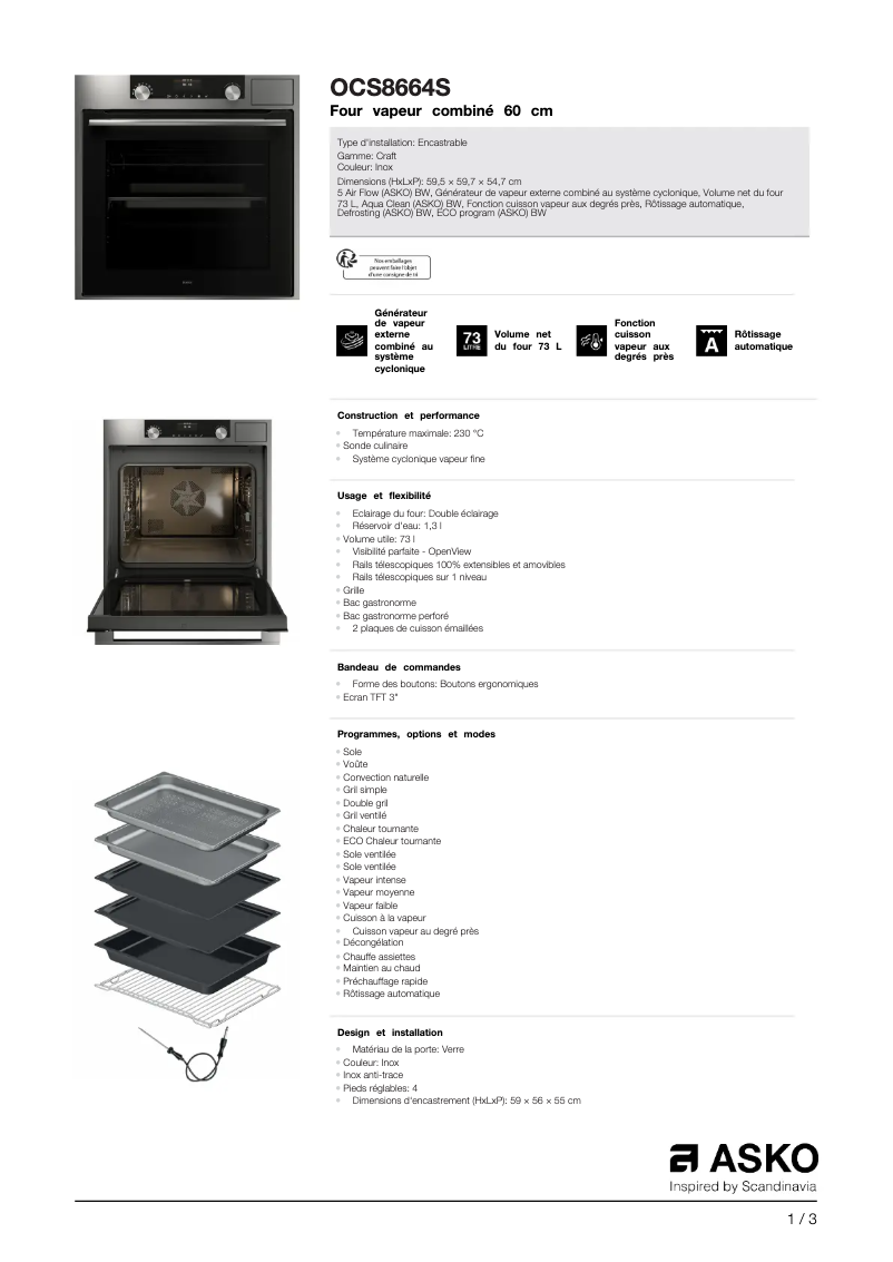 Page 1 de la notice Fiche technique Asko OCS8664S
