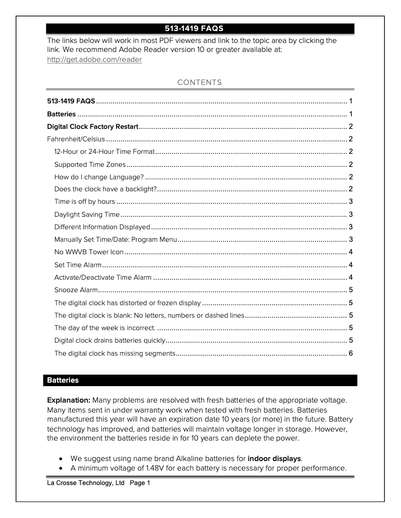 Page 1 de la notice FAQ La Crosse Technology 513-1419V4