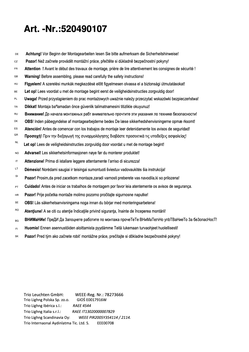 Page 1 de la notice Manuel utilisateur Trio Lighting Filigran 520490107