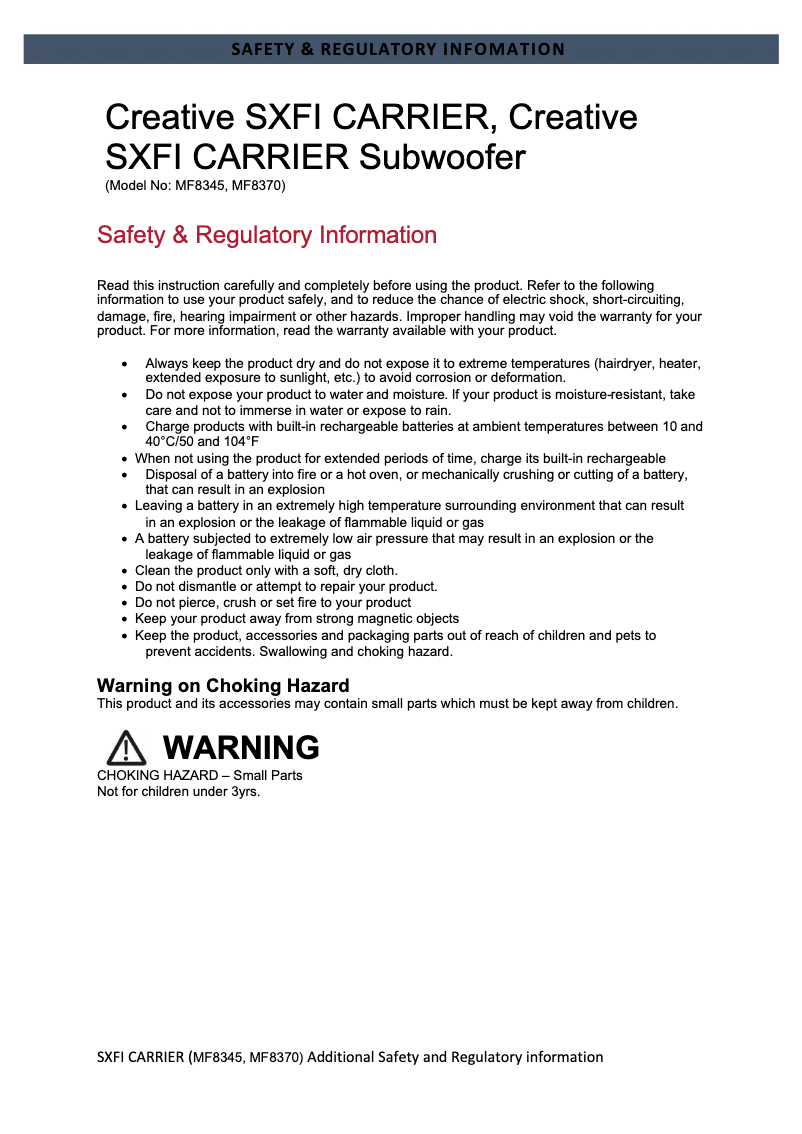 Página 1 del manual Instrucciones de seguridad Creative SXFI CARRIER