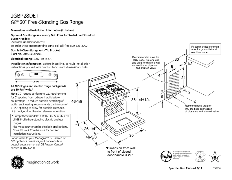 Page 1 de la notice Fiche technique GE JGBP28DETWW