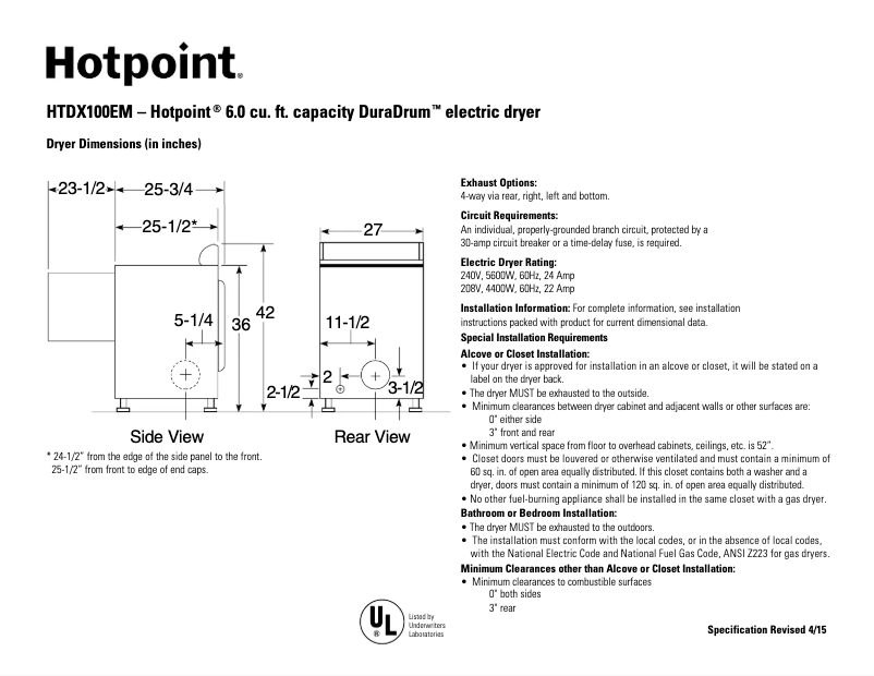 Página 1 del manual Ficha técnica Hotpoint HTDX100EMWW