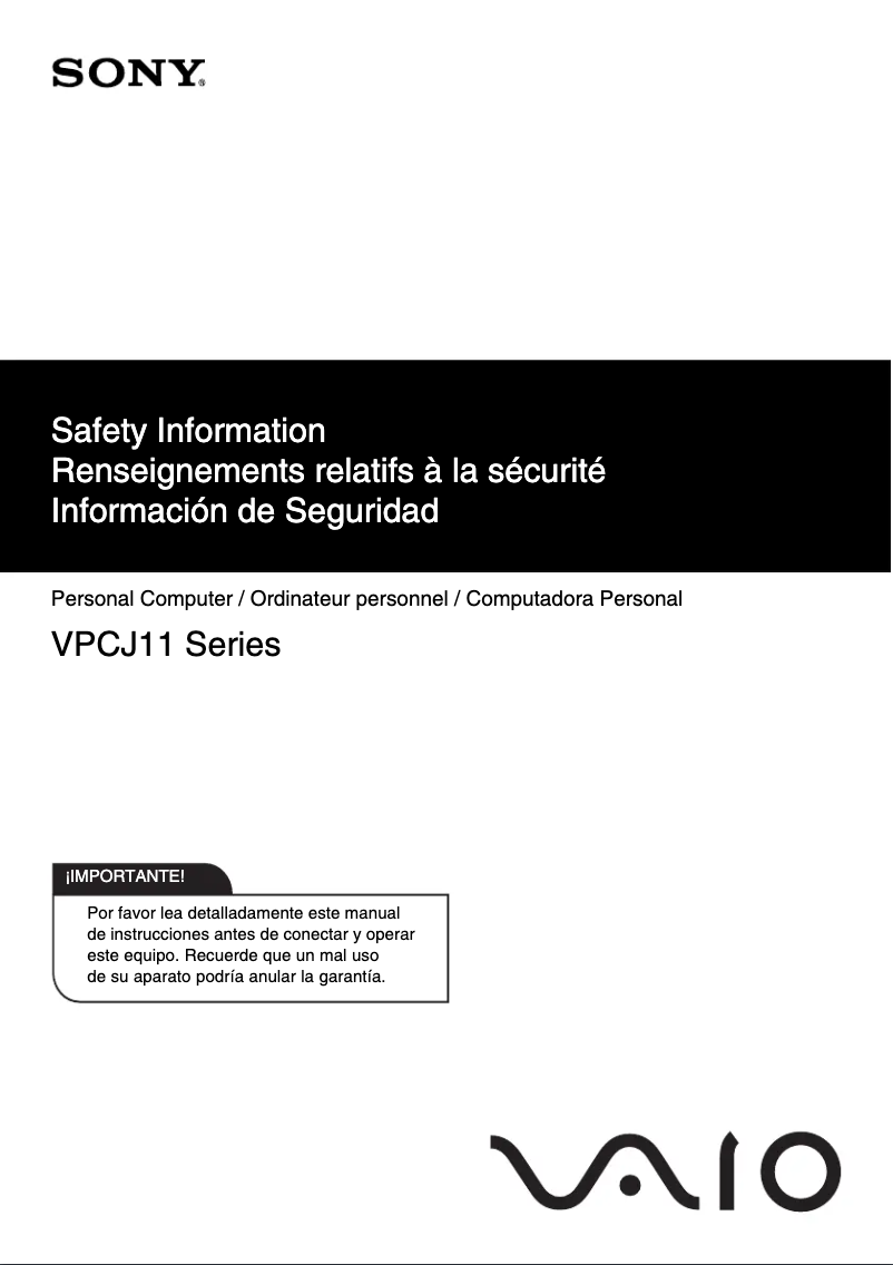 Página 1 del manual Instrucciones de seguridad Sony Vaio VPCJ116FX