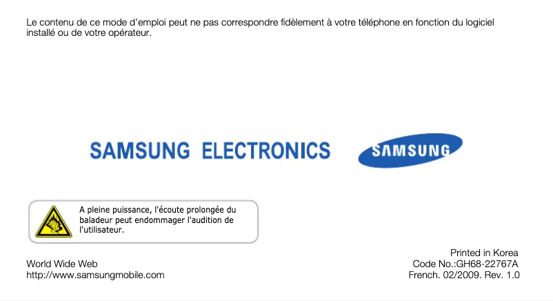Page 1 de la notice Manuel utilisateur Samsung GT-S8300