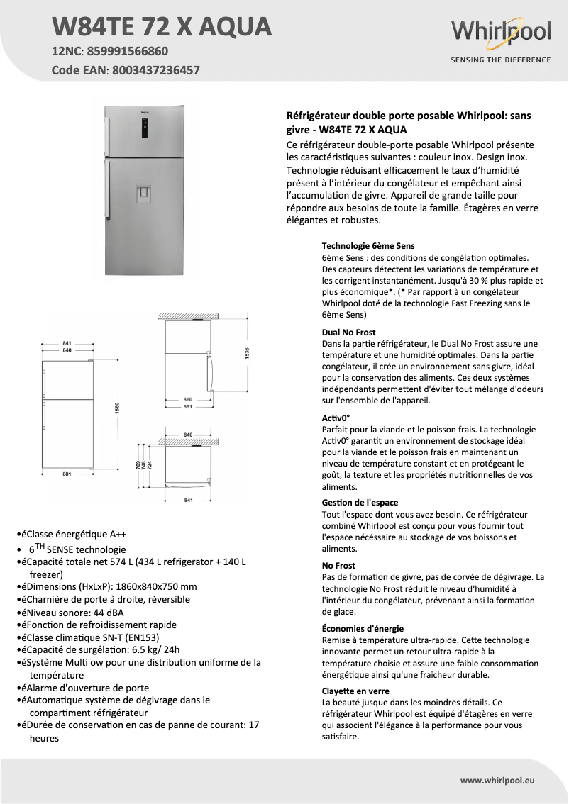 Page n°1 - Fiche technique Whirlpool W84TE 72 X AQUA