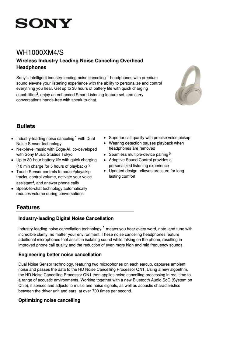 Page n°1 - Fiche technique Sony WH-1000XM4