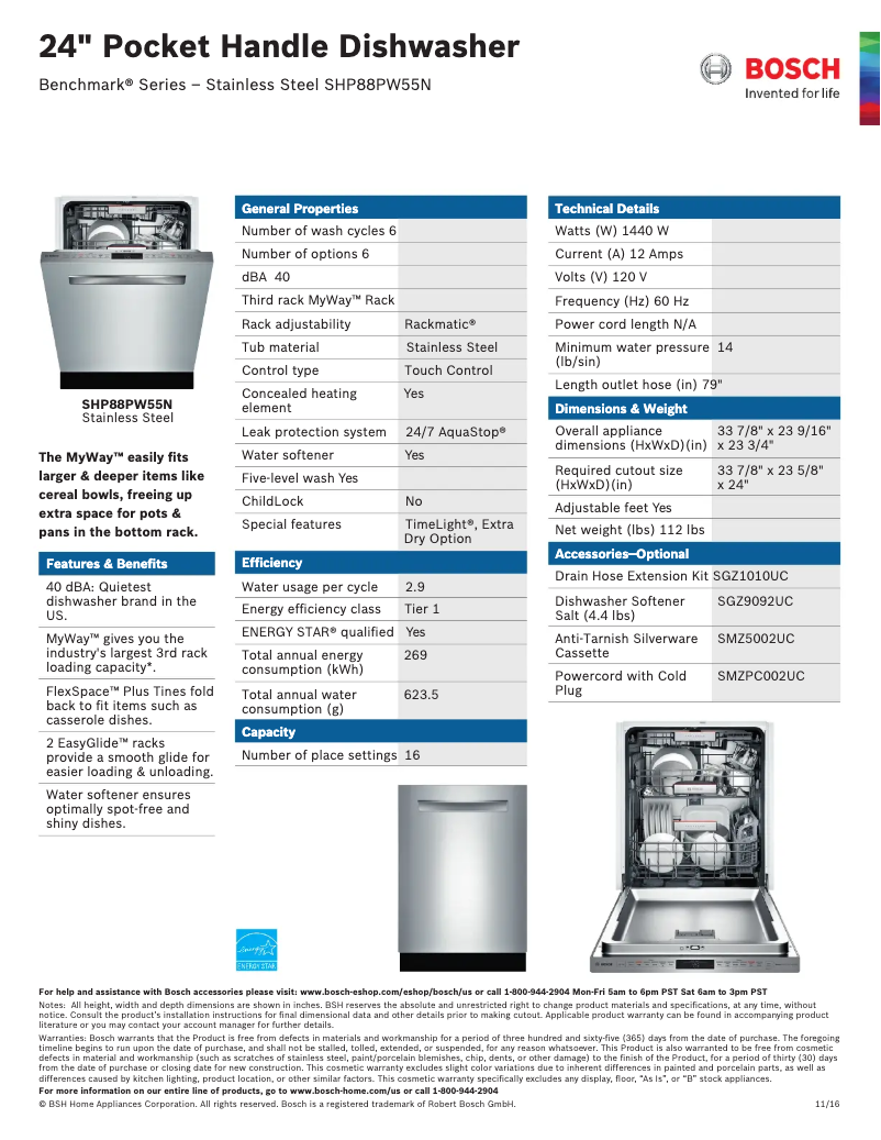 Page 1 de la notice Fiche technique Bosch SHP88PW55N