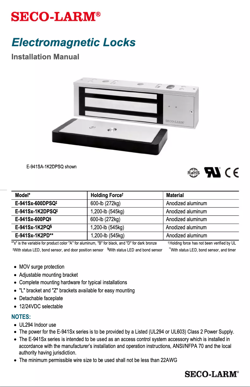 Page n°1 - Manuel utilisateur Seco-Larm E-941SA-1K2DPSQ