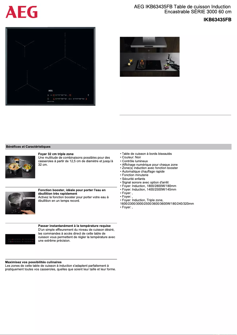 Page 1 de la notice Fiche technique AEG IKB63435FB