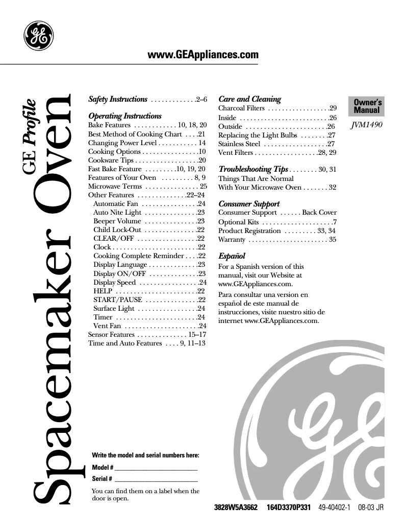 Page 1 de la notice Manuel d'utilisation et d'entretien GE JVM1490SK