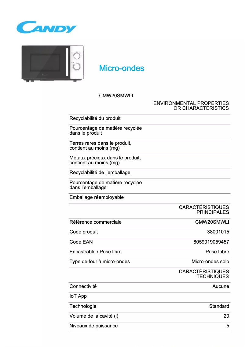 Page 1 de la notice Fiche technique Candy CMW20SMWLI