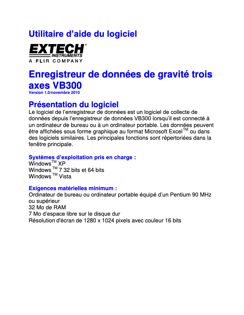 Page 1 de la notice Manuel utilisateur Extech VB300