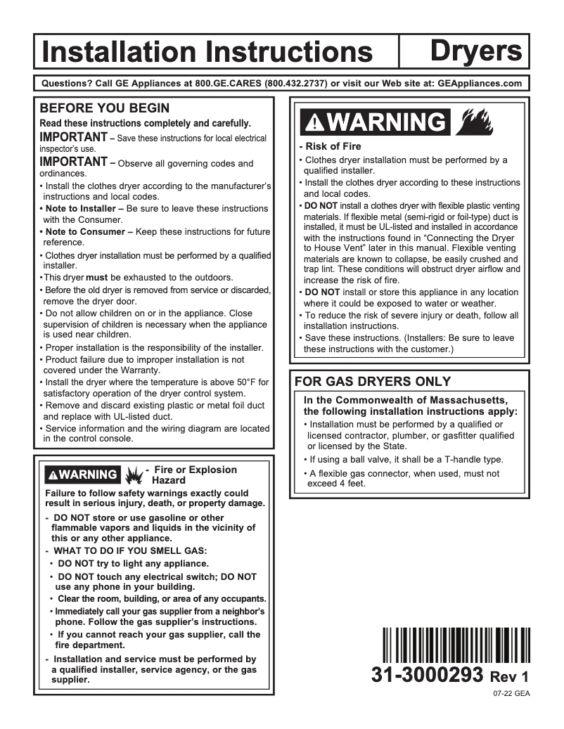 Page n°1 - Guide d'installation GE GTD48GASWWB