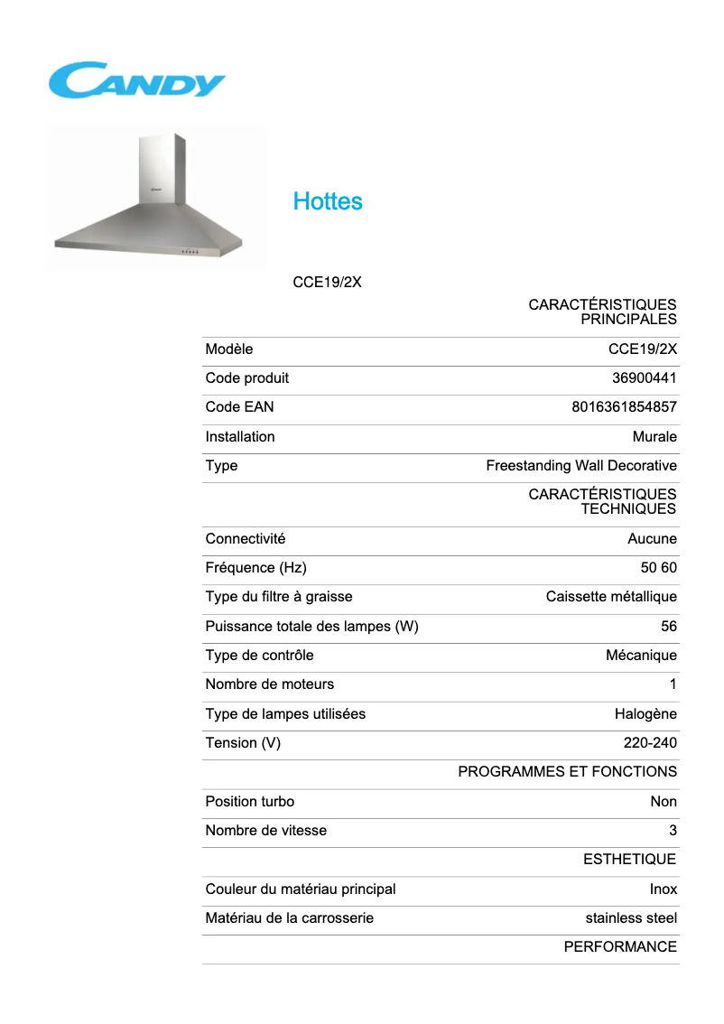 Page 1 de la notice Fiche technique Candy CCE19/2X