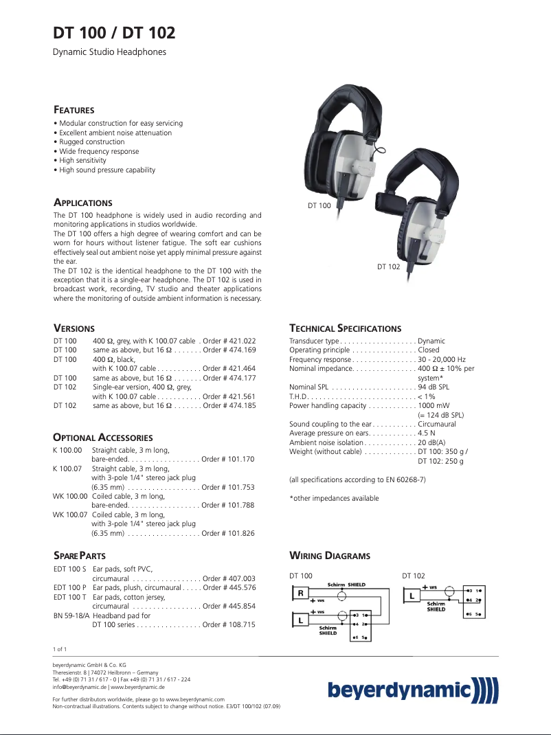 Page 1 de la notice Fiche technique Beyerdynamic DT 100