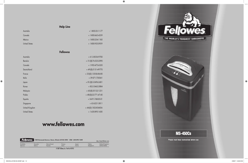 Page 1 de la notice Manuel utilisateur Fellowes Powershred MS-450Cs Micro-Cut